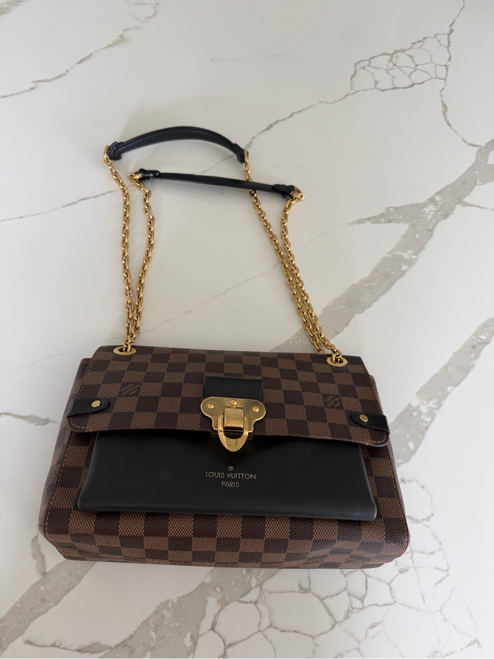 Louis Vuitton Brown Damier Ebene Shoulder Bag with Black Trim and Gold Hardware
